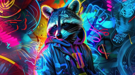 A raccoon-faced person in urban streetwear, posed with digital glitch effects, neon graffiti patterns, and abstract swirls in a collage.