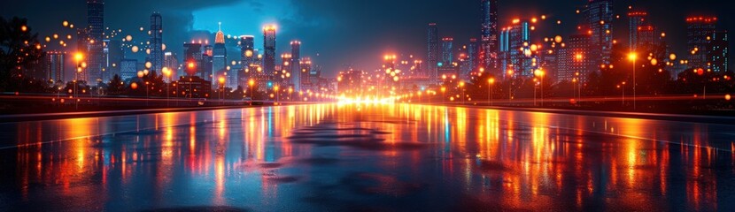 Fototapeta premium Cityscape Nighttime with Wet Road and Blurry Lights