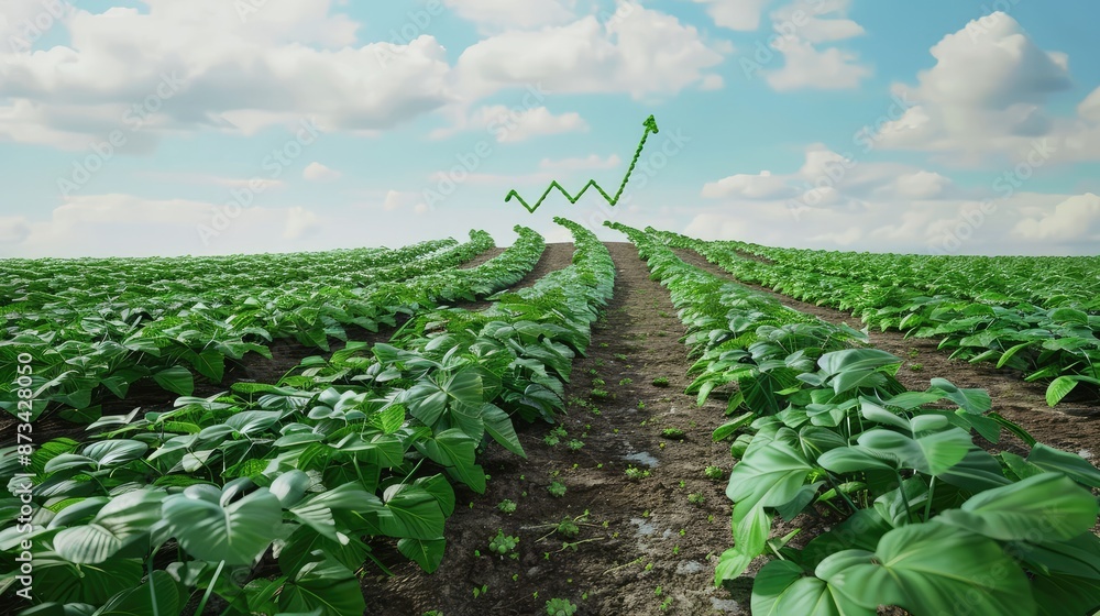 Poster a realistic field with plants grown in the shape of a graph trend line ascending, representing prosp