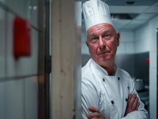 A chef is standing in a kitchen with his arms crossed and a white hat on his head. He is looking directly at the camera