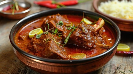 A bowl of red curry with meat and vegetables. The bowl is on a wooden table. The curry is served with rice