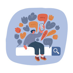 Carton vector illustration of Data Search Technology Search Engine Optimization SEO concept. Business woman hand using mobile phone searching the information with search bar