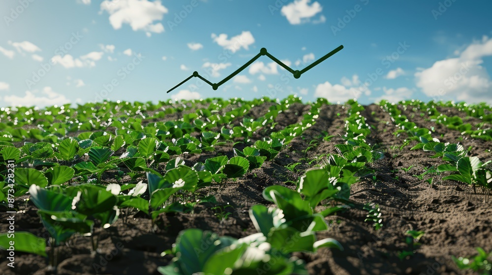 Poster a realistic field with plants grown in the shape of a graph trend line ascending, representing prosp
