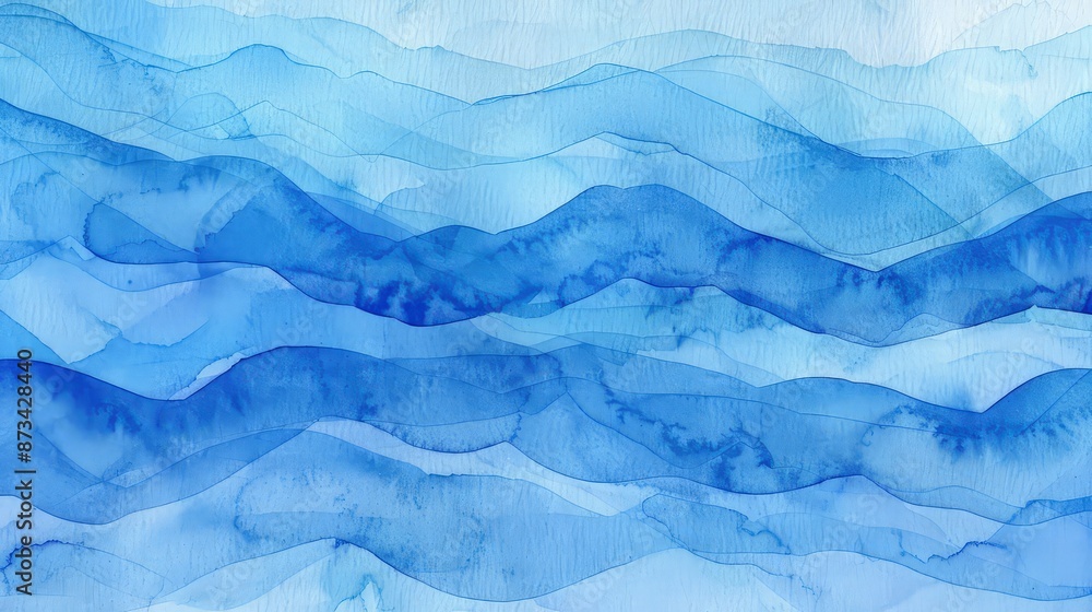 Poster a background of classic blue watercolor blending into lighter shades, creating a gradient of waves a