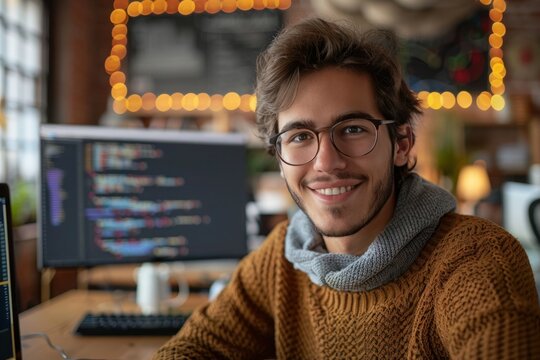 Cheerful Programmer: Smiling While Working on Computer