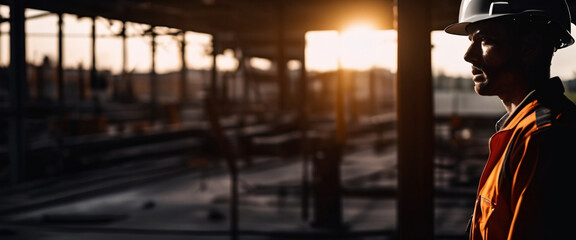 Fototapeta premium A silhouette of construction electrician working in a factory, worker with helmet, electrical worker in action