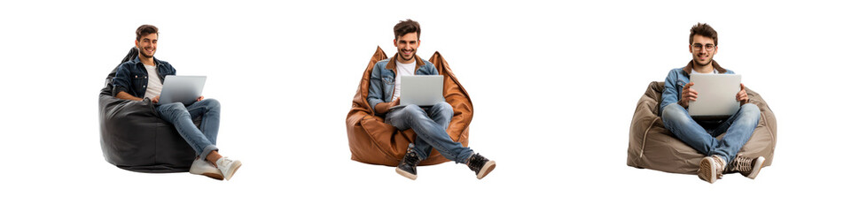 Set of Full length happy young man sit in bag chair using new laptop isolated on transparent background