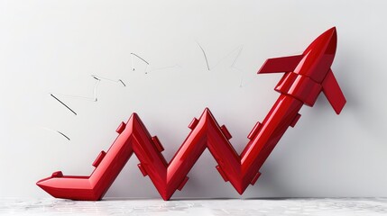 A red 3D arrow with a rocket design, blasting upwards to represent explosive growth in financial markets, isolated on a white canvas.