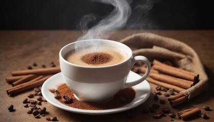 Fototapeta premium A steaming cup of coffee surrounded by cinnamon sticks and coffee beans