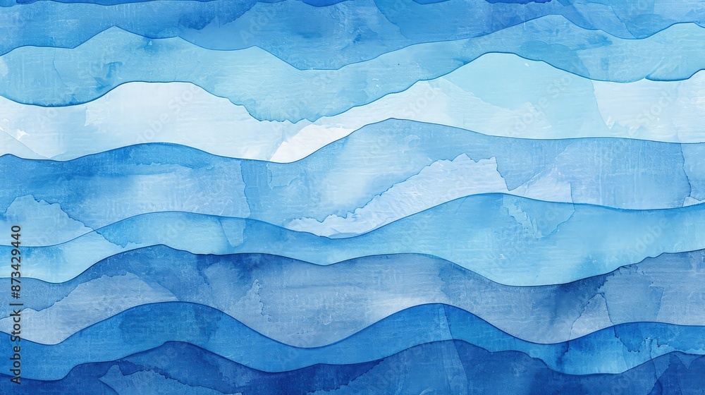 Poster a background of classic blue watercolor blending into lighter shades, creating a gradient of waves a