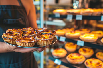 Plate of freshly baked Portuguese egg tarts held by a baker in a pastry shop