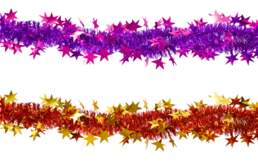 Christmas decoration, festive garland. Multicolored bright fluffy tinsel with stars isolated on white background. Design element for creating Christmas cards, collages, banners, frames.