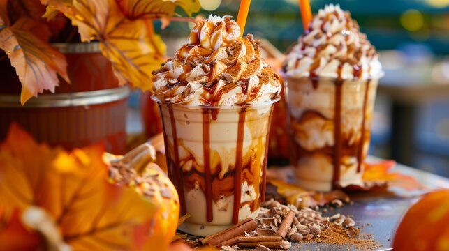 Autumn Harvest Festival Pumpkin Spice Milkshakes and Cheesecakes Surrounded by Decorative Fall Leaves