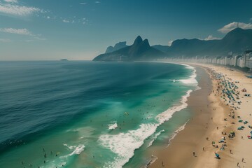 A beautiful beach with a large crowd of people enjoying the day. The ocean is calm and the sky is clear