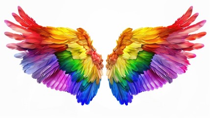 Obraz premium The wings of a bird are shown in full color, with each feather displaying a different color. Concept of freedom and beauty, as the rainbow-colored wings of the bird soar through the sky