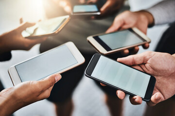 Cellphone, mockup and hands of people in group for networking on social media, mobile app or internet. Technology, contact and friends in circle with phone for connectivity or notification on screen.