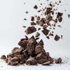 Obraz premium Heap of dark chocolate chunks with pieces flying in the air.