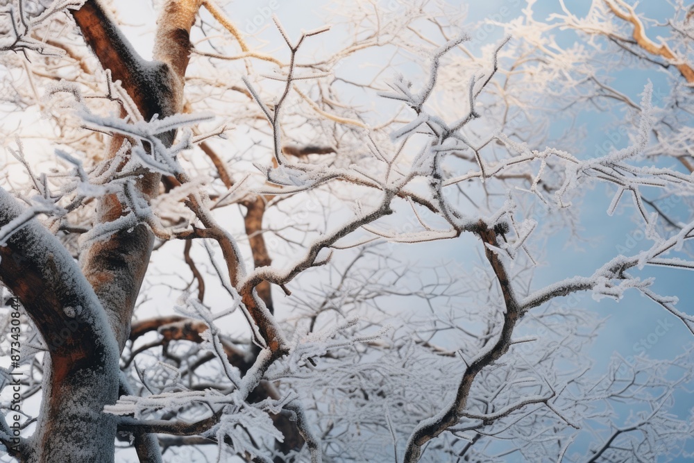Poster a tree covered in snow with frost on the branches