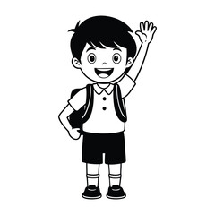 happy school kid waving hands vector line art