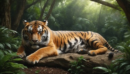 Obraz premium Majestic tiger resting on a rock in a lush jungle