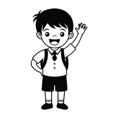 happy school kid waving hands vector line art