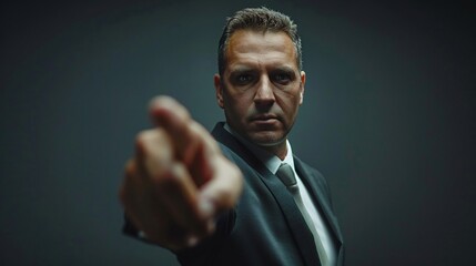 Serious Businessman Pointing Finger Suit Tie Portrait