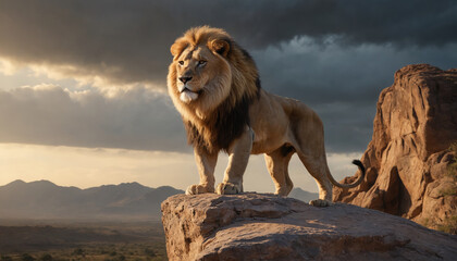 A majestic lion stands guard at sunset in the african savanna