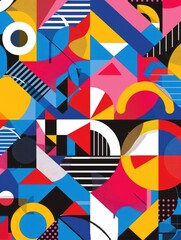 Obraz premium A colorful abstract painting with many shapes and lines. The painting is full of bright colors and has a playful, energetic feel to it. The shapes and lines seem to be randomly placed