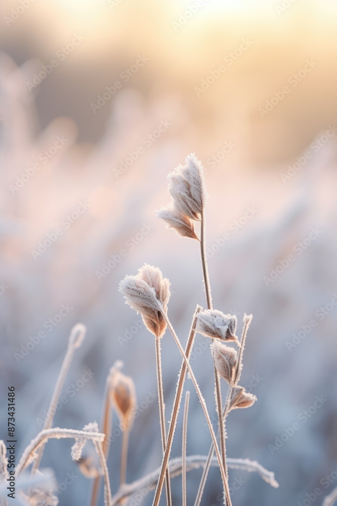 Poster a field of frosted grass with a few flowers in the foreground. the image has a serene and peaceful m