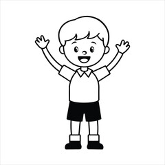 happy school kid waving hands vector line art