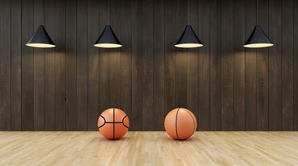 Two basketballs are positioned on a wooden floor in front of a dark wood panel wall with four pendant lights hanging overhead.