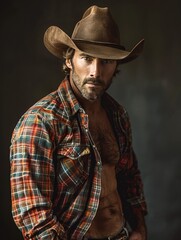 Bold and Defiant: Portrait of a Muscular Cowboy with Chiseled Abs