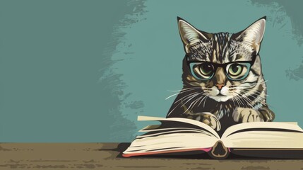 World Book Lovers Day. Cat reading a book. Horizontal banner, free space for text. Day of knowledge, day of literacy. Back to school, education learning concept. National library Day