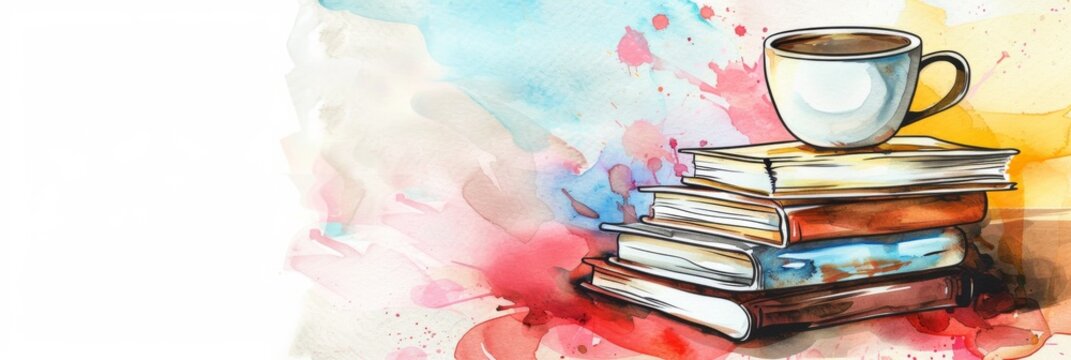 World Book Lovers Day. Horizontal banner. Stack of books and cup of coffee. Sketch. Copy space. Day of knowledge, day of literacy. Back to school, education learning concept. National library Day