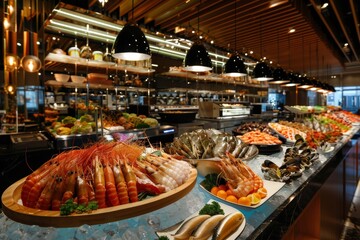 Fototapeta premium Lavish Seafood Buffet Setup at a Five-Star Hotel Under Elegant Lighting for Gourmet Dining