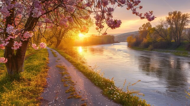 A scenic route along a river bank during the golden hour, with the road flanked by flowering trees and the river calmly flowing alongside.