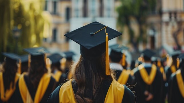 A group of students in traditional graduation attire, black caps, and gowns with yellow tassels and stoles, participating in a commencement ceremony