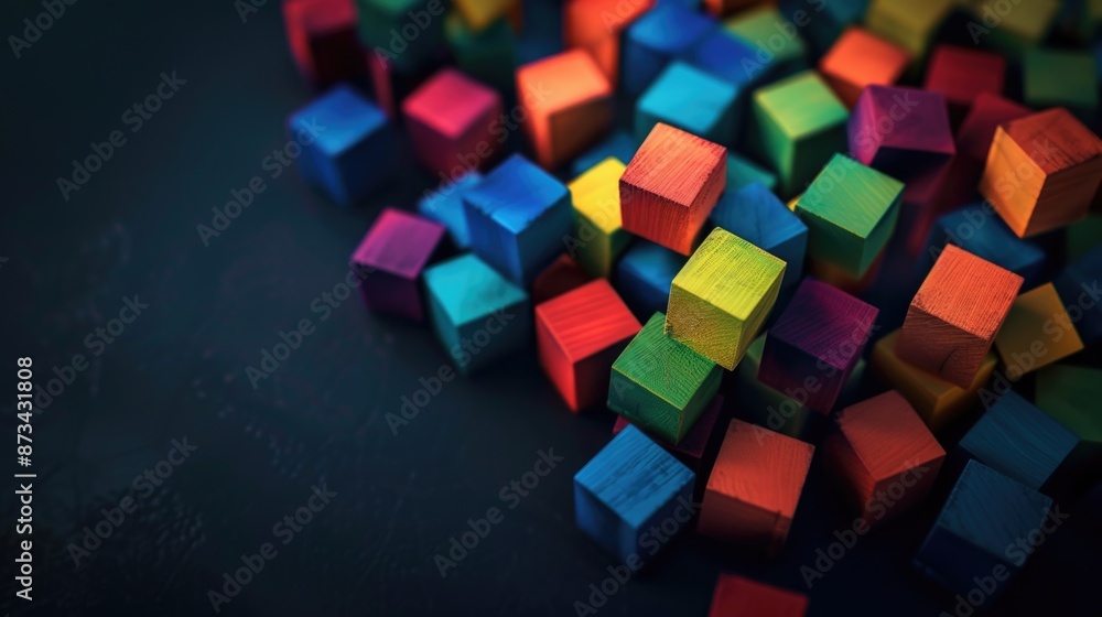 Poster a pile of colorful wooden blocks on a black background. the blocks are of different colors and sizes