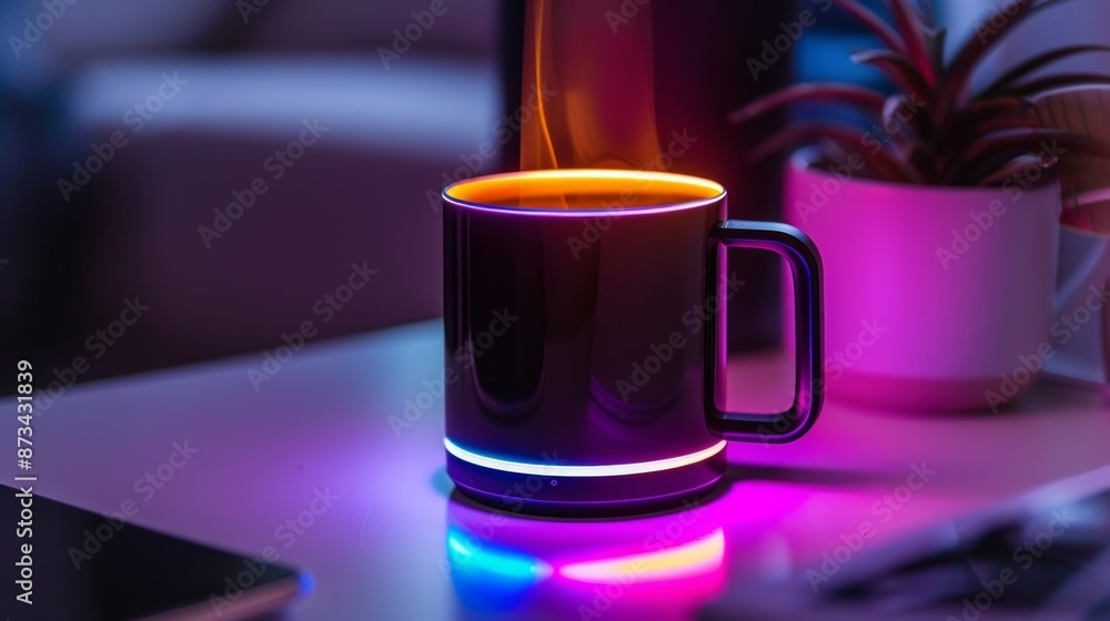 Poster an angled shot of a smart mug displaying the led light indicators that change color according to the