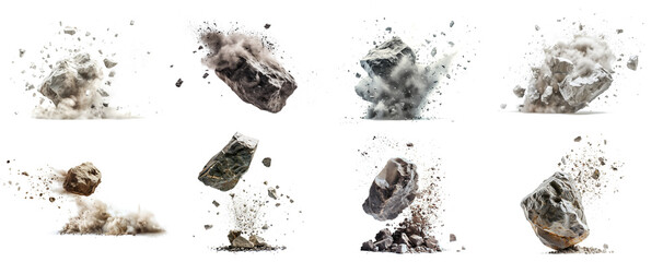 A collection of exploding of rock, stone floating with dust on the air