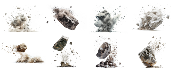 A collection of exploding of rock, stone floating with dust on the air