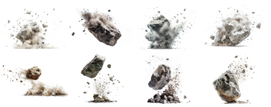 A collection of exploding of rock, stone floating with dust on the air
