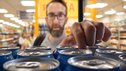 Close-up of many aluminum cans of beer in a store fridge and a male buyer taking one