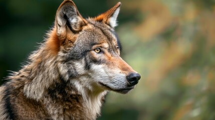International Wolf Day. Horizontal banner. Portrait of a gray wolf against a background of yellow-green forest. Free space for text. Wildlife conservation concept. Environmental protection