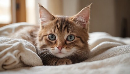 Obraz premium A ginger kitten's curious gaze from a soft white bed