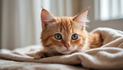 A soft, fluffy kitten peeking out from under a blanket near a window