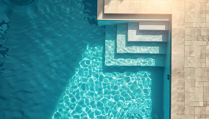 swimming pool water in the corner of the pool with sunlight reflection