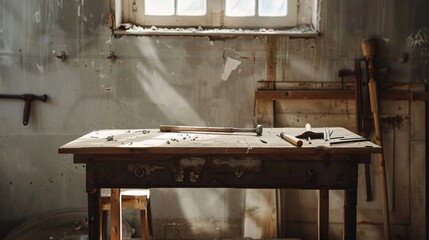 A clean workbench with a single piece of metal, a hammer, and a few basic tools, set against a plain background