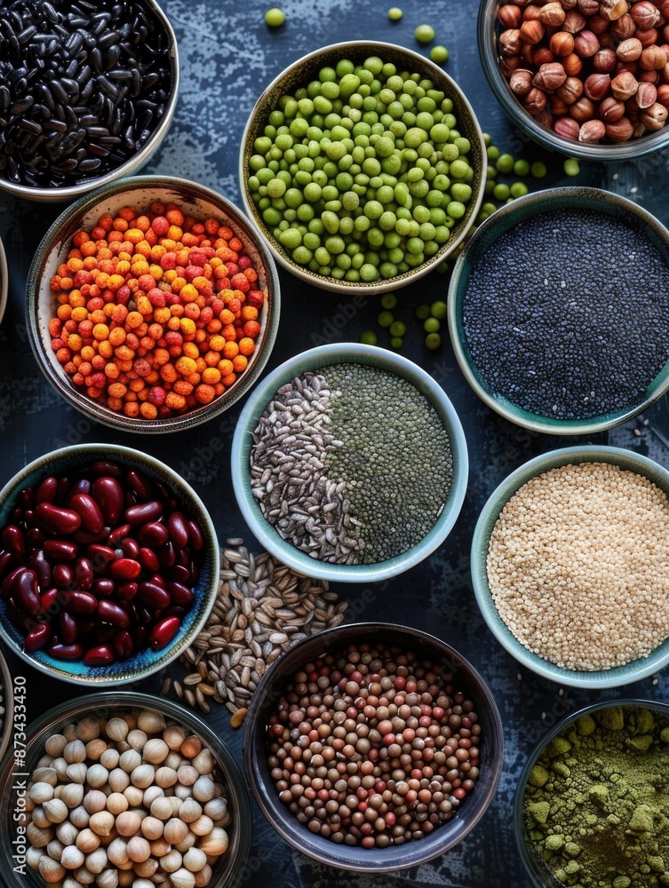 Poster a variety of colorful beans and nuts are displayed in bowls on a counter. the bowls are arranged in 