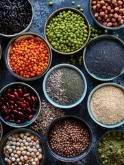 A variety of colorful beans and nuts are displayed in bowls on a counter. The bowls are arranged in a way that showcases the different colors and textures of the various types of beans and nuts